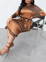 Women Plus Striped & Geo Print Belted Bodycon Dress