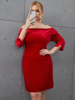 Women Plus Foldover Bardot Fitted Velvet Dress