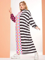 Women Plus Stripe & Checker Print Mock Neck Drop Shoulder Dress
