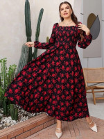 Women Plus Allover Floral Print Lantern Sleeve Shirred Square Neck Dress