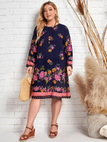 Women Plus Size Floral Print Lantern Sleeve Tunic Dress