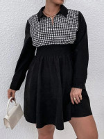 Women Plus Contrast Houndstooth Shirred Dress