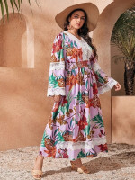 Women Plus Tropical Print Contrast Lace Detail Dress