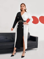 Women Plus Two Tone Double Breasted Split Thigh Dress Without Belt