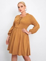Women Plus Lace Up Front Shirred Dress