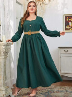Women Plus Size Square Neck Shirred Bishop Sleeve Belted Maxi Dress