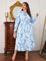 Women Plus Allover Floral Print Belted Dress
