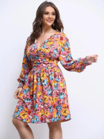 Women Plus Size Floral Print Ruched Bishop Sleeve Dress