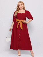 Women Plus Button Front Puff Sleeve Belted Dress