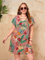 Women Plus Floral & Tropical Print Cut Out Tunic Dress