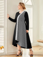 Women Plus Houndstooth Panel Colorblock Dress Without Belt