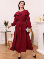 Women Plus Size Ruffle Trim Bishop Sleeve Belted Dress