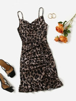 Women Plus Leopard Print Drawstring Ruched Front Cami Dress