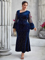 Women Plus Geo Pattern Dobby Mesh Insert Asymmetrical Neck Velvet Dress