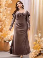 Women Plus Size Gigot Sleeve Ruched Velvet Dress