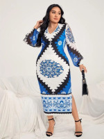 Women Plus Geo & Paisley Print Split Sleeve Dress