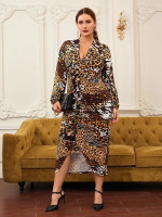 Women Plus Leopard & Tiger Skin Print Plunging Neck Ruched Front Dress
