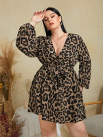 Women Plus Leopard Print Surplice Neck Lantern Sleeve Belted Dress