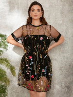 Women Plus Floral Embroidery Mesh Dress Without Camisole