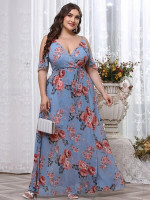 Women Plus Size Floral Print Cold Shoulder Belted Chiffon Dress