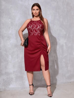 Women Plus Contrast Lace Ruched Split Thigh Cami Dress