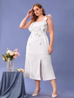 Women Plus Ruffle Trim Double Breasted Belted Dress