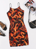 Women Plus Lettuce Trim Fire & Chinese Dragon Print Bodycon Dress
