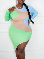 Women Plus Colorblock Asymmetrical Hem Bodycon Dress