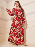 Women Plus Floral Print Shirred Flounce Sleeve A-line Dress