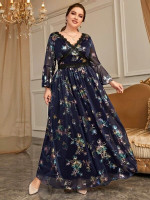 Women Plus Floral Print Guipure Lace Detail Flounce Sleeve Dress