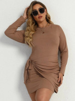 Women Plus Size Ribbed Knit Knot Side Ruched Dress