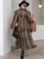 Women Plus Leopard Print Bishop Sleeve Shirred Waist High Neck Dress