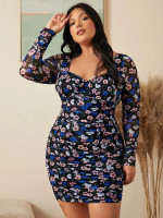 Women Plus Floral Print Sweetheart Neck Ruched Mesh Bodycon Dress