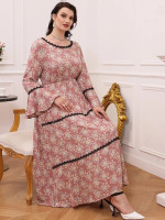 Women Plus Size Floral Print Lace Trim Flounce Sleeve Dress