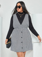 Women Plus Houndstooth Fake Button Overall Dress Without Tee