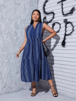 Women Plus Stripe Print Button Front Dress