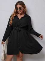 Women Plus Solid Button Front Belted Shirt Dress