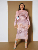 Women Plus Figure Graphic Cut Out Side Mesh Bodycon Dress Without Lingerie
