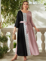 Women Plus Size Contrast Guipure Lace Color Block Belted Dress