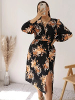 Women Plus Floral Print Overlap Collar Lantern Sleeve Slit Thigh Dress