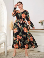 Women Plus Floral Print Ruffle Hem Belted Dress