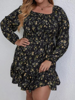 Women Plus Size Floral Print Shirred Bodice Lantern Sleeve Ruffle Hem Dress