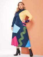 Women Plus Funnel Neck Colorblock Dress