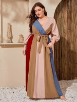 Women Plus Colorblock Belted Peasant Sleeve Maxi Dress