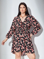 Women Plus Size Floral Print Drawstring Front High Low Hem Dress