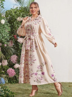 Women Plus Floral Print Self Belted Dress