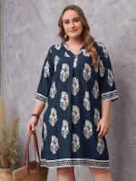 Women Plus Size Plant Print Fold Pleated Detail Tunic Dress