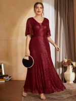 Women Plus Solid Flounce Sleeve Maxi Sequin Prom Dress