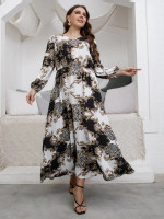 Women Plus Leopard & Baroque Print Lantern Sleeve Dress