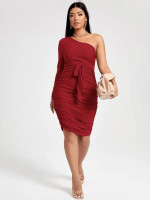 Women Plus One Shoulder Ruched Belted Bodycon Dress